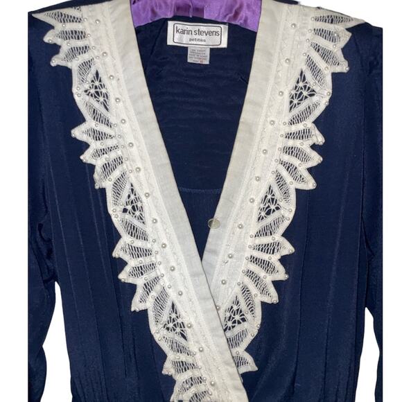 Karin Stevens Vintage Navy Long Sleeve Button Front w/ Lace n Pearl midi Dress 8 - Picture 3 of 11